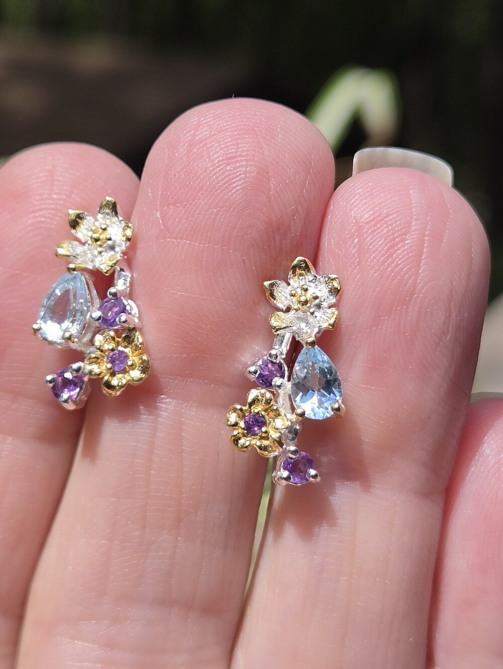 Blue Topaz & Amethyst Natural Floral Sterling & Gold Earrings - Picture 2 of 9
